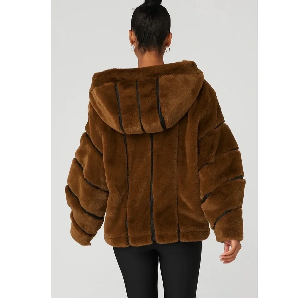 ALO Yoga Knockout Faux Fur Hooded Oversized Coat Jacket Chocolate Brown